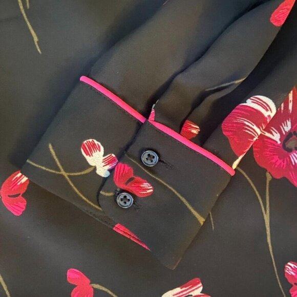 BANANA REPUBLIC (Size XS) Pink Floral Half-Bottom Black Blouse - Picture 5 of 8